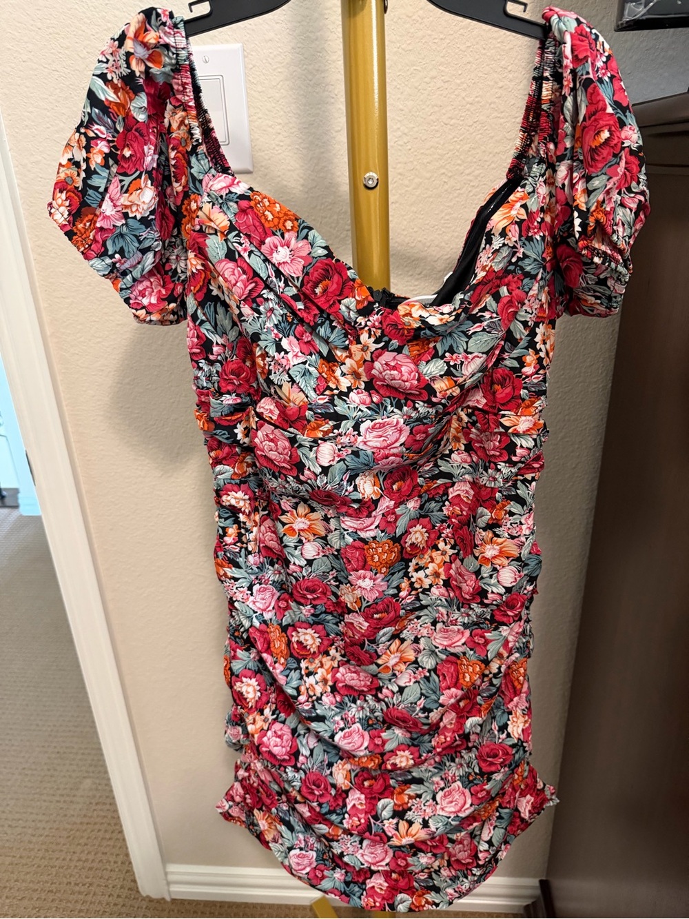Ruched Floral Mini Dress in Red Multi